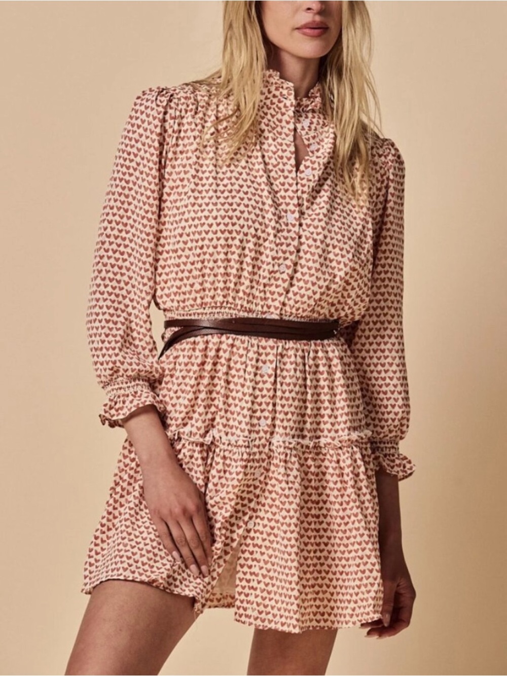 The Shirt by Rochelle Behrens Cream Mini Dress with Red Heart Print